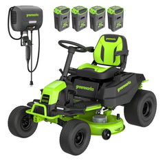 60V Cordless Riding Lawn Mower with Four Batteries and Wall Charger