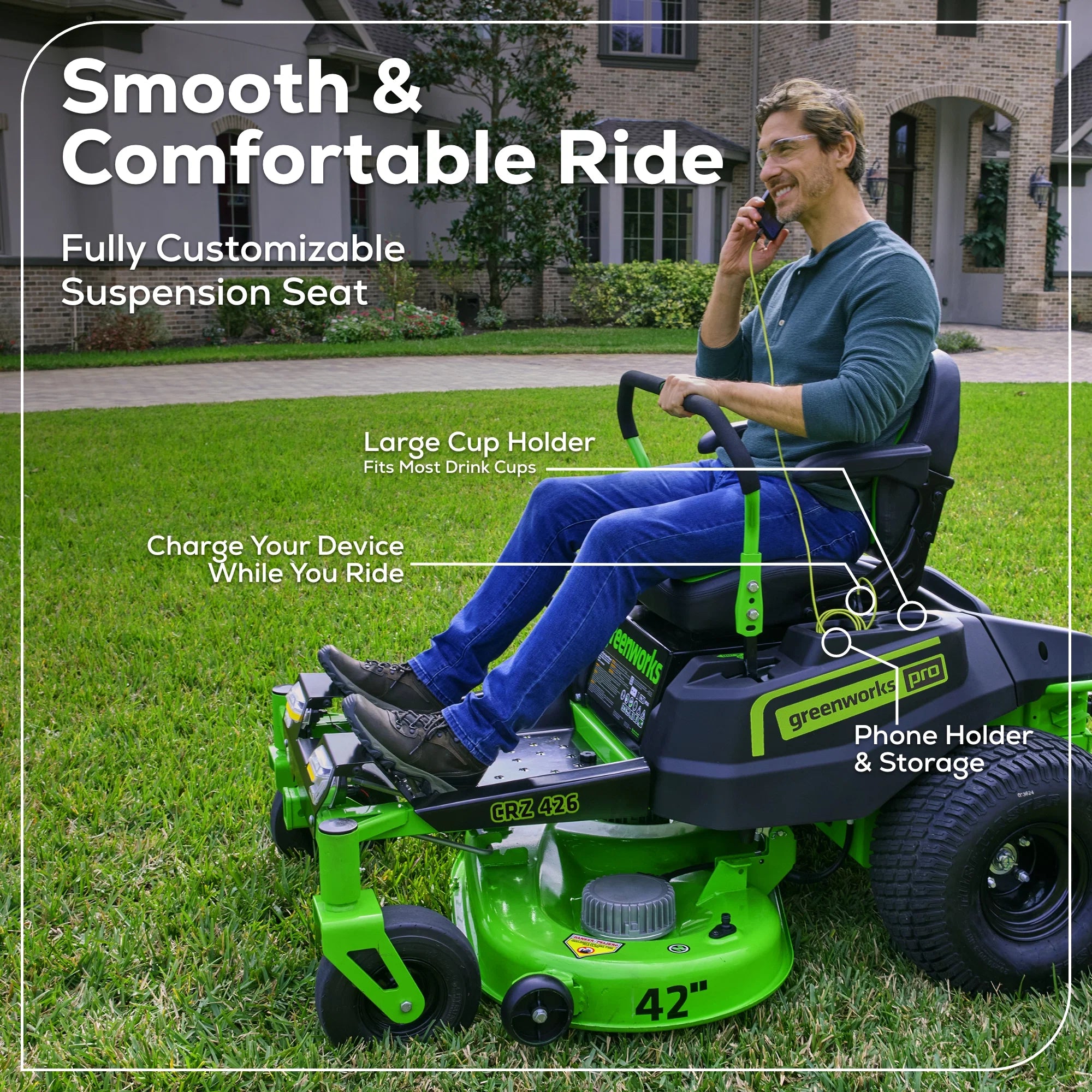 60V Cordless Zero Turn Riding Lawn Mower with Six Batteries and Turbo Chargers