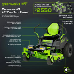 60V Cordless Zero Turn Riding Lawn Mower with Six Batteries and Turbo Chargers