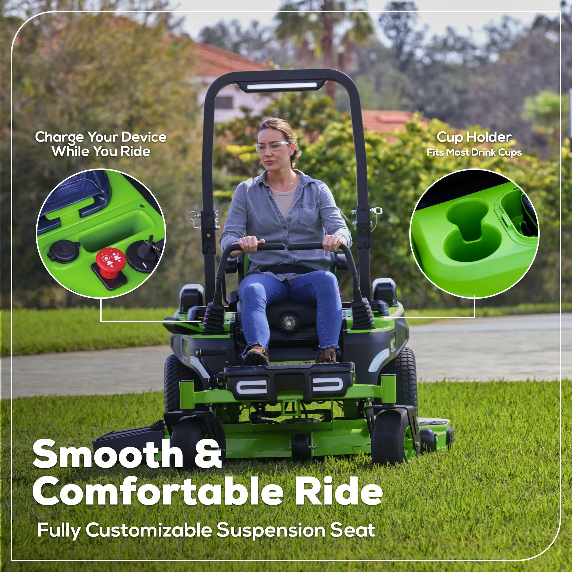 80V Cordless Electric Riding Lawn Mower with 6 Batteries and Wall Charger