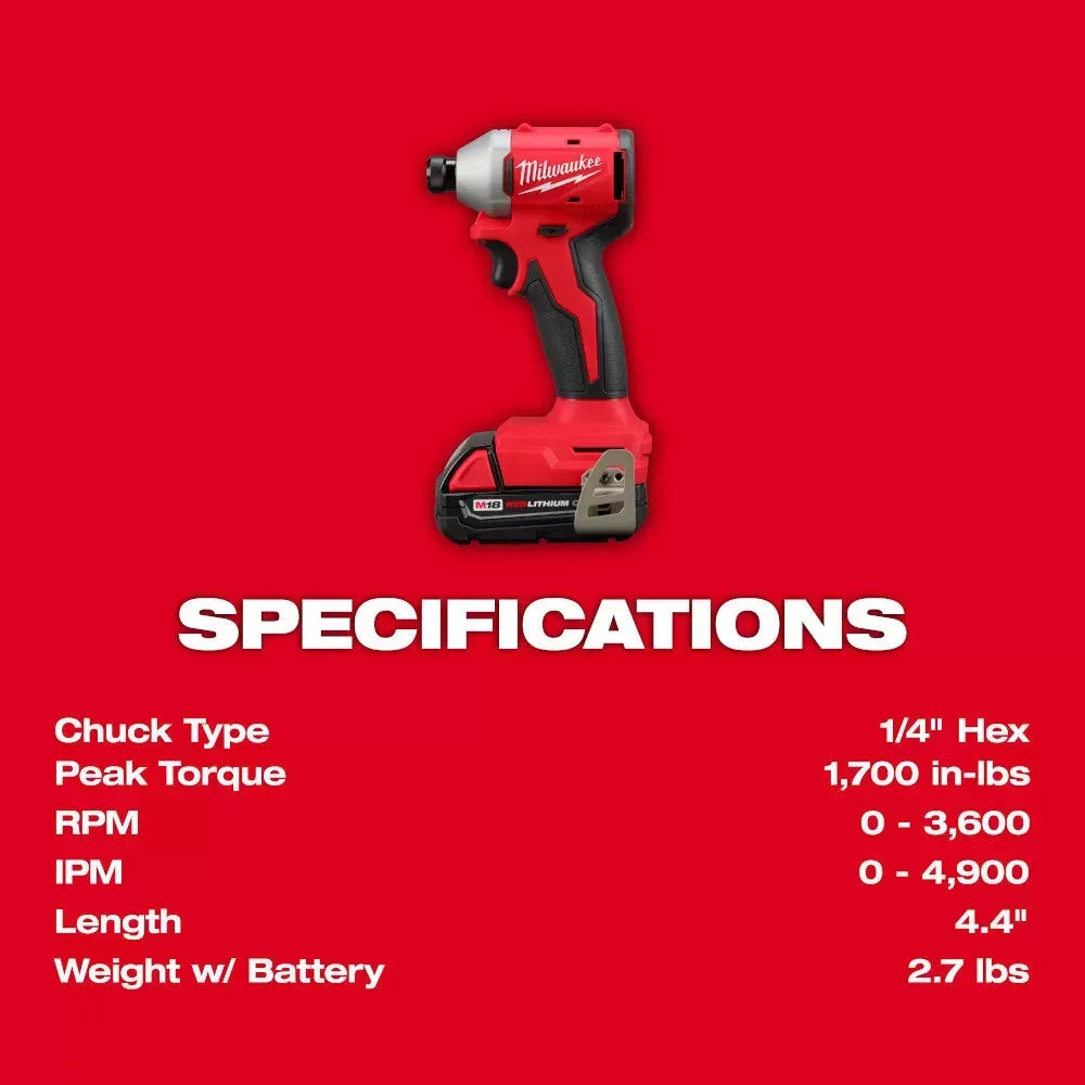 Milwaukee Pre-Sale 3650-21P M18 18V 1/4" Compact Hex Impact Driver Kit