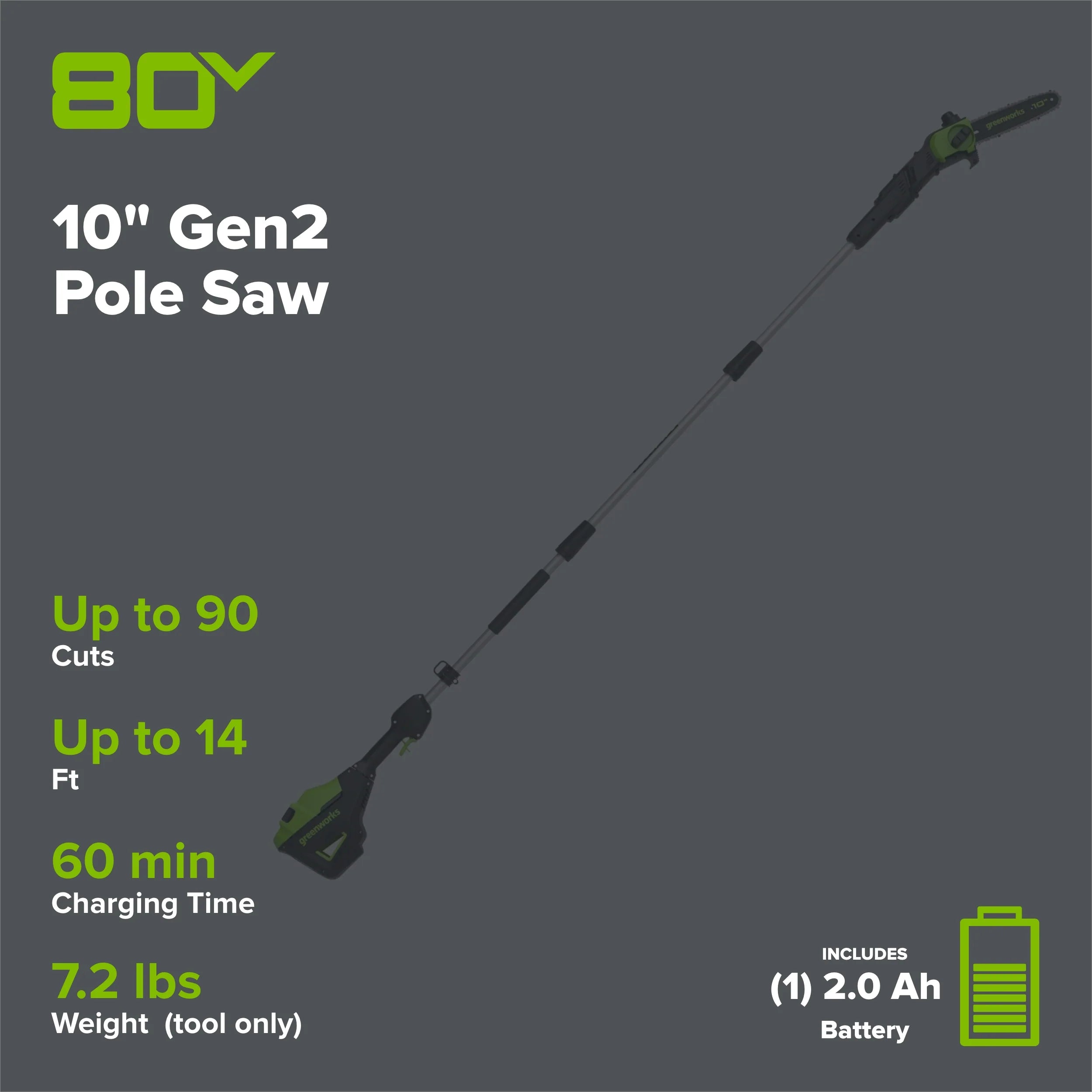 80V Cordless Pole Saw with 14-Foot Reach, 2.0Ah Battery and Charger