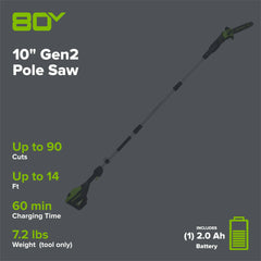 80V Cordless Pole Saw with 14-Foot Reach, 2.0Ah Battery and Charger