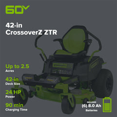60V Cordless Zero Turn Riding Lawn Mower with Six Batteries and Turbo Chargers