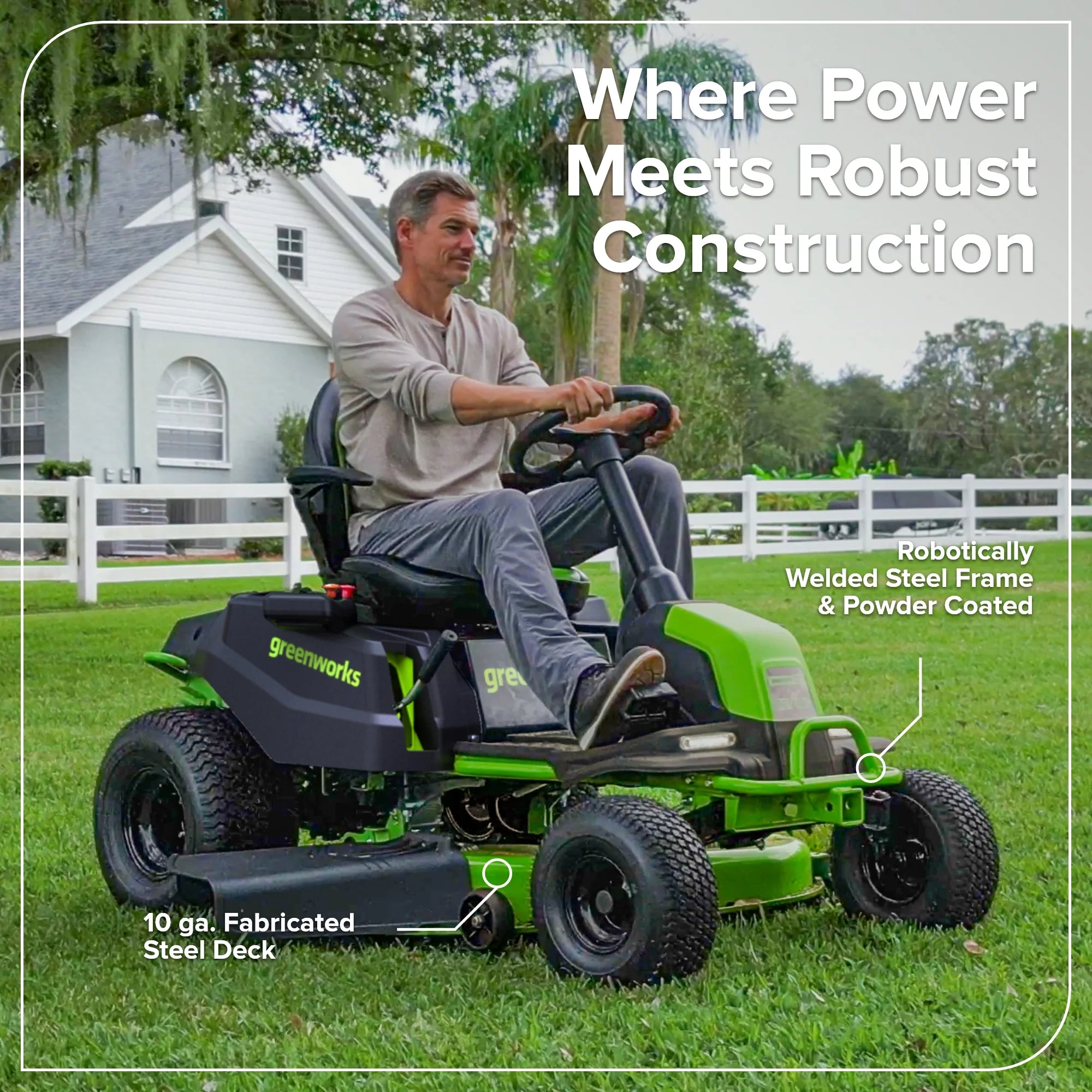 60V Cordless Riding Lawn Mower with Four Batteries and Wall Charger