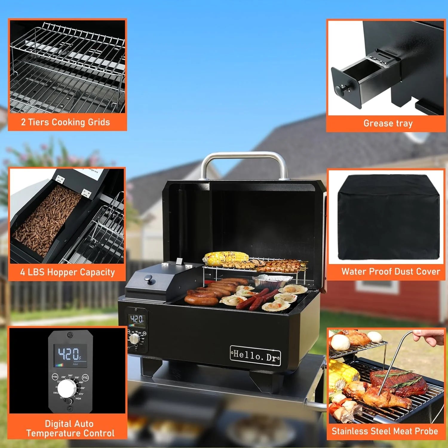Portable Wood Pellet Grill and Smoker,Electric Outdoor 8 in 1 Tabletop Grills for RV Camping Tailgating RV Cooking BBQ, Intelligent Temperature Control and Superheated Steam Technology