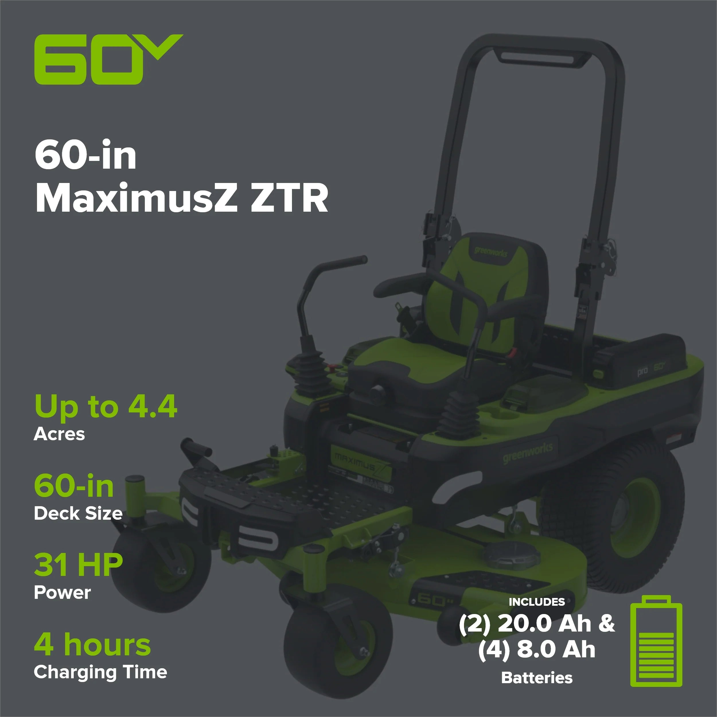 60V Electric Riding Lawn Mower with 6 Batteries and Wall Charger