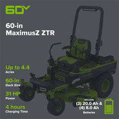 60V Electric Riding Lawn Mower with 6 Batteries and Wall Charger