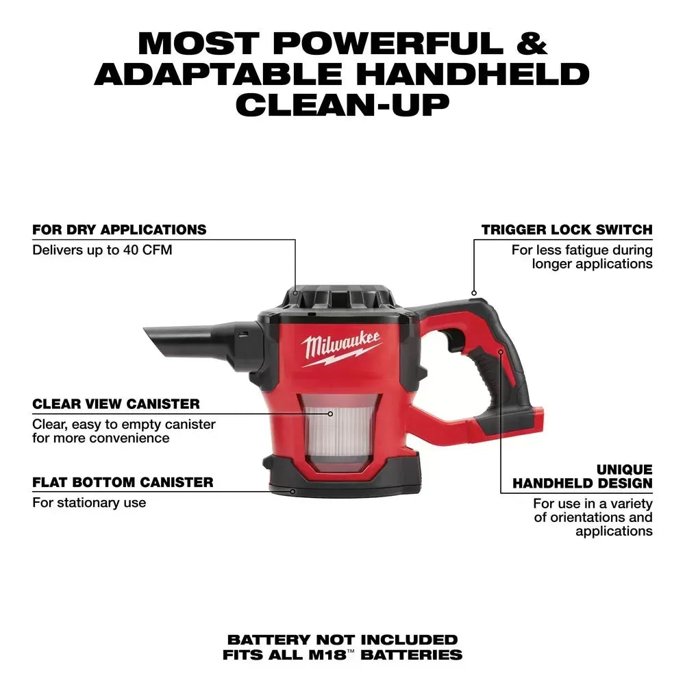 Milwaukee 0882-20 M18 18V Lithium-ion Cordless Compact Vacuum - Bare Tool