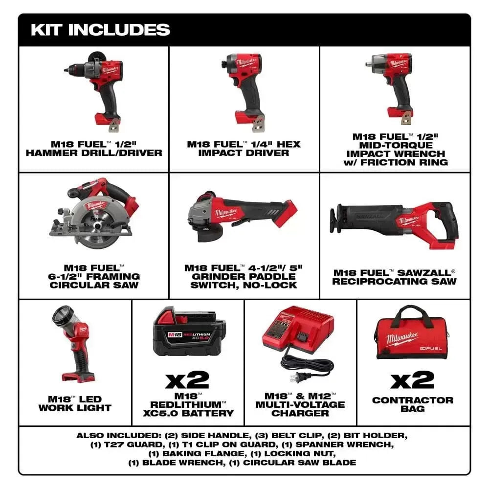 🔥Milwaukee 3697-27 M18 FUEL 18V 7 Tool Cordless Lithium-Ion Combo Kit