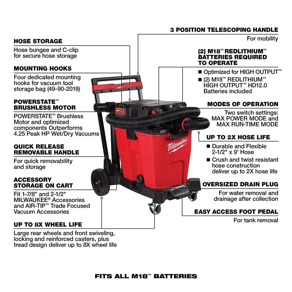 Milwaukee 0930-22HDB M18 FUEL 18V 12 Gallon Wet/Dry Vacuum Kit w/ Air-Tip Kit