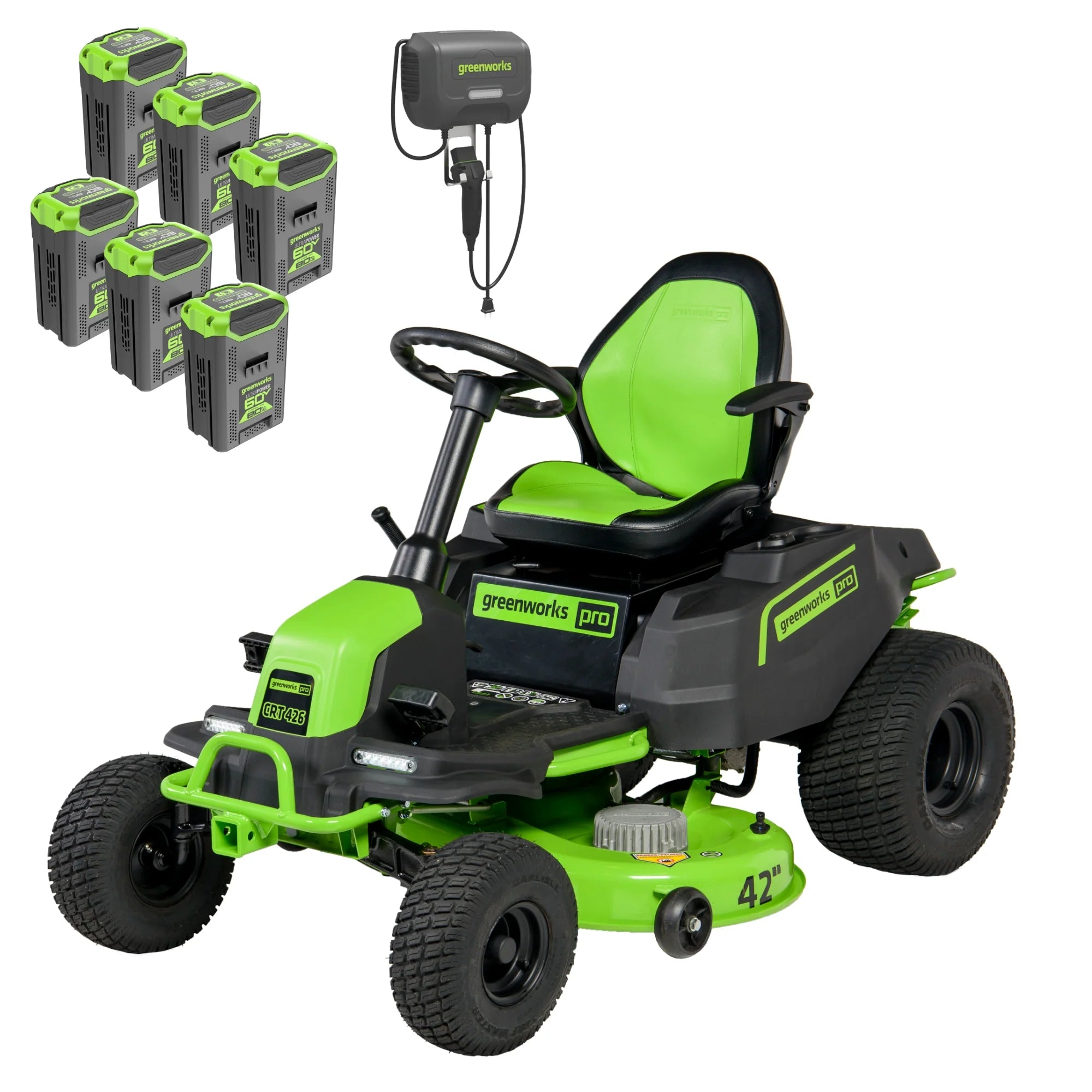 60V Cordless Riding Lawn Mower with Six Batteries and Wall Charger