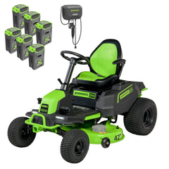 60V Cordless Riding Lawn Mower with Six Batteries and Wall Charger