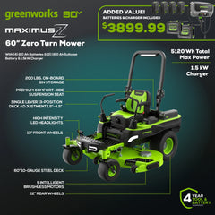 80V Cordless Electric Riding Lawn Mower with 6 Batteries and Wall Charger