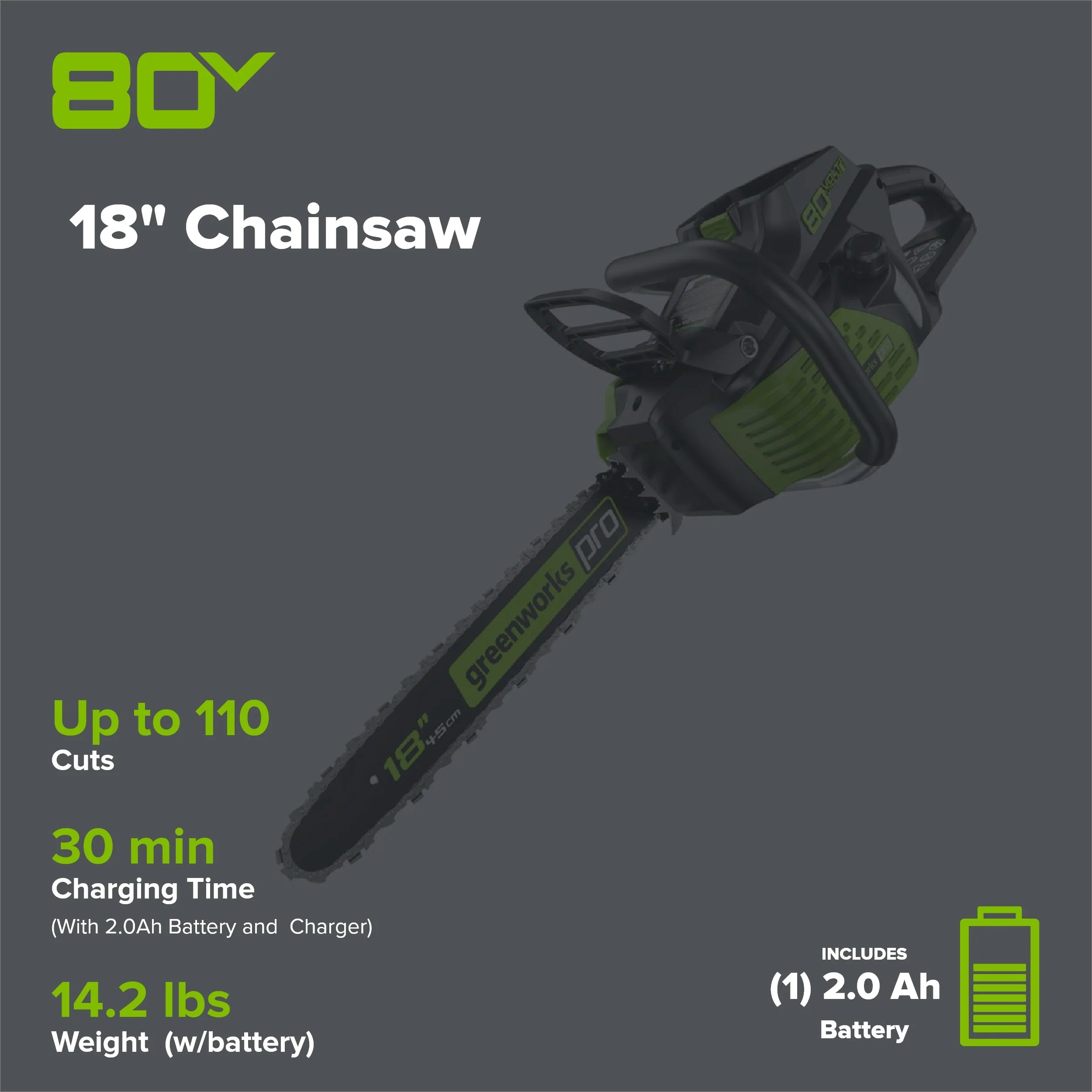 80V Cordless Chainsaw 18-Inch with Battery and Charger