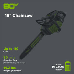 80V Cordless Chainsaw 18-Inch with Battery and Charger