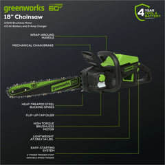 60V Cordless Chainsaw 18-Inch with 4.0Ah Battery and Charger