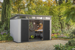 11 x 7 ft Resin Outdoor Storage Shed - Grey & Black Garden Shed Kit for Tools and Patio Storage