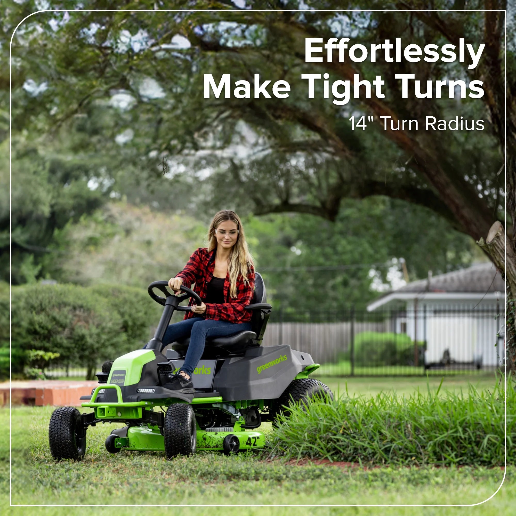 60V Cordless Riding Lawn Mower with Four Batteries and Wall Charger