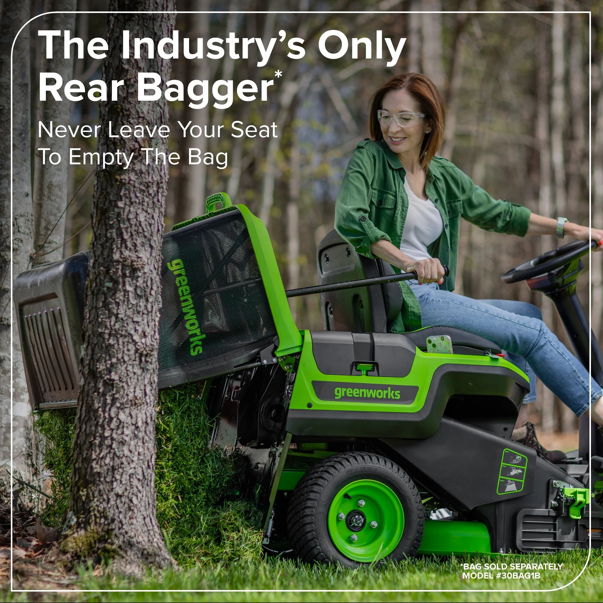80V Compact Cordless Riding Lawn Mower with Four Batteries and Turbo Wall Charger