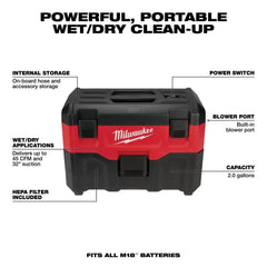 Milwaukee 0880-20 M18 18V Wet/Dry Vacuum w/ Crevice Tool - Bare Tool