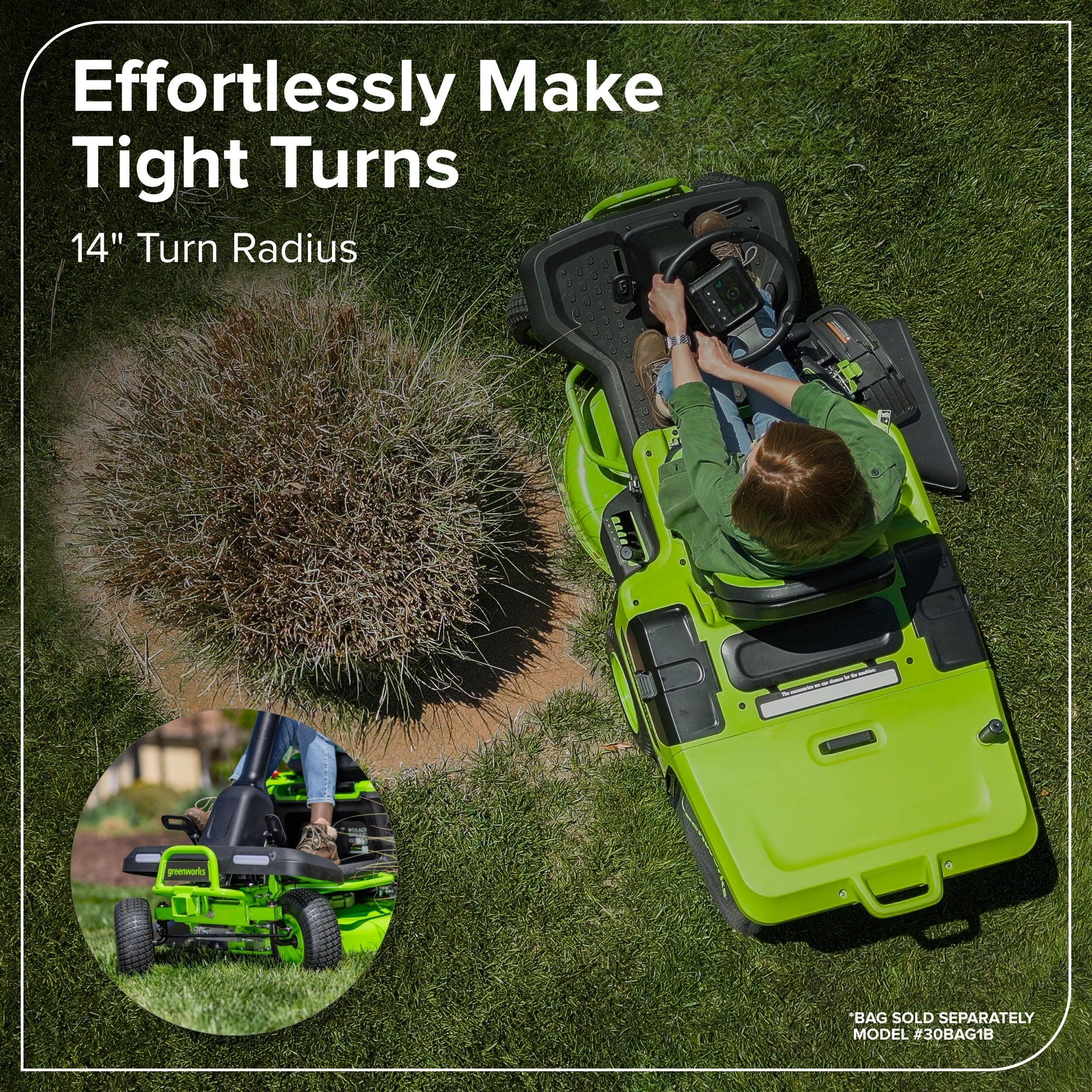 80V Compact Cordless Riding Lawn Mower with Four Batteries and Turbo Wall Charger