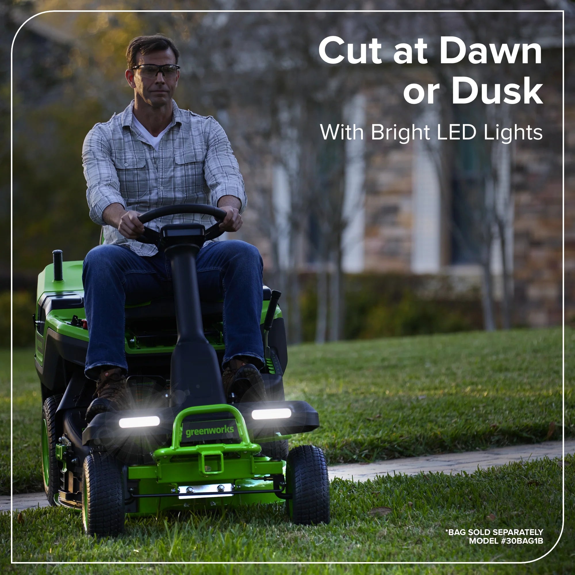 80V Compact Cordless Riding Lawn Mower with Four Batteries and Turbo Wall Charger