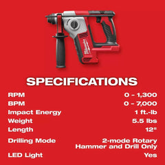 Milwaukee 2612-20 M18 18V 5/8" SDS Plus Rotary Hammer w/ Depth Rod - Bare Tool