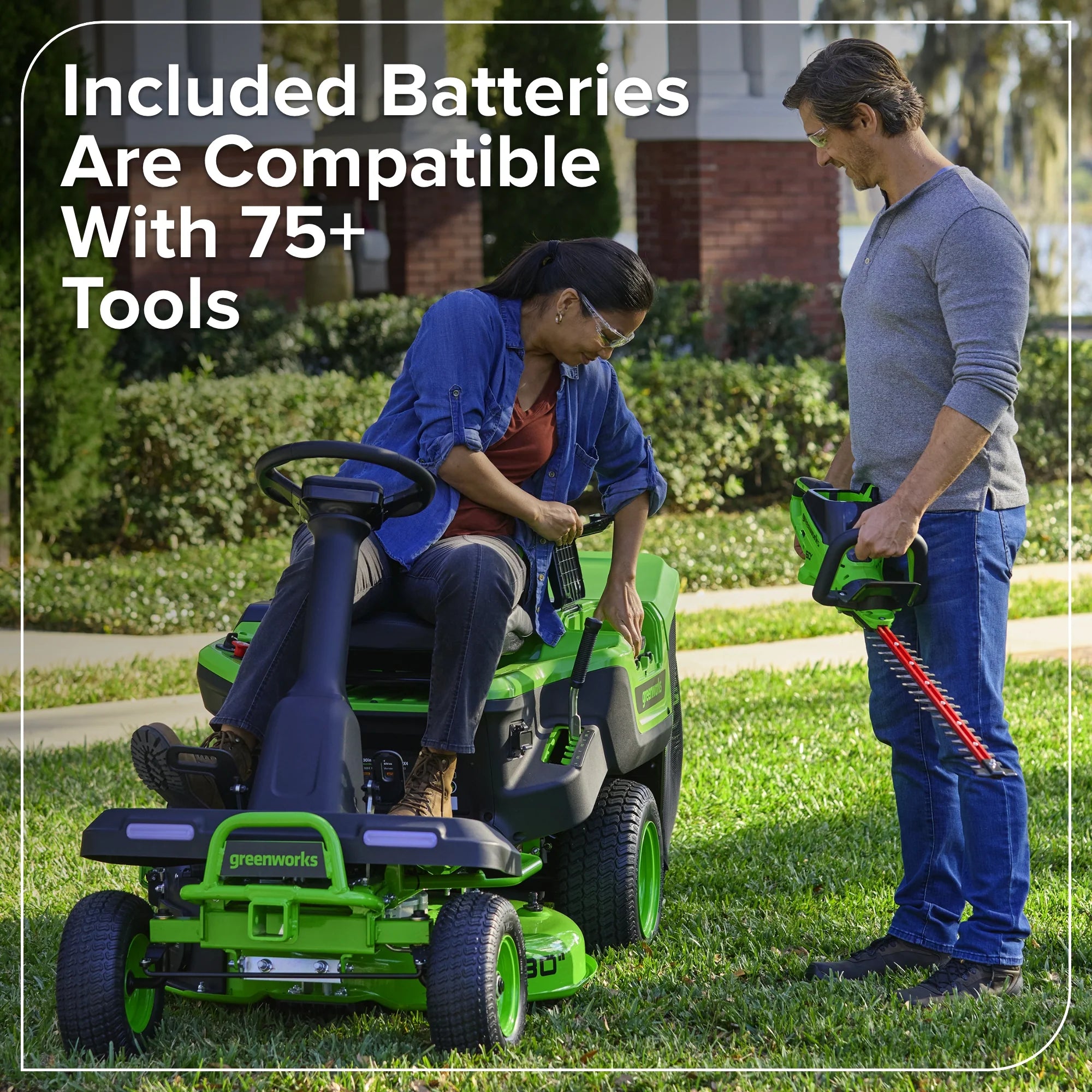 80V Compact Cordless Riding Lawn Mower with Four Batteries and Turbo Wall Charger