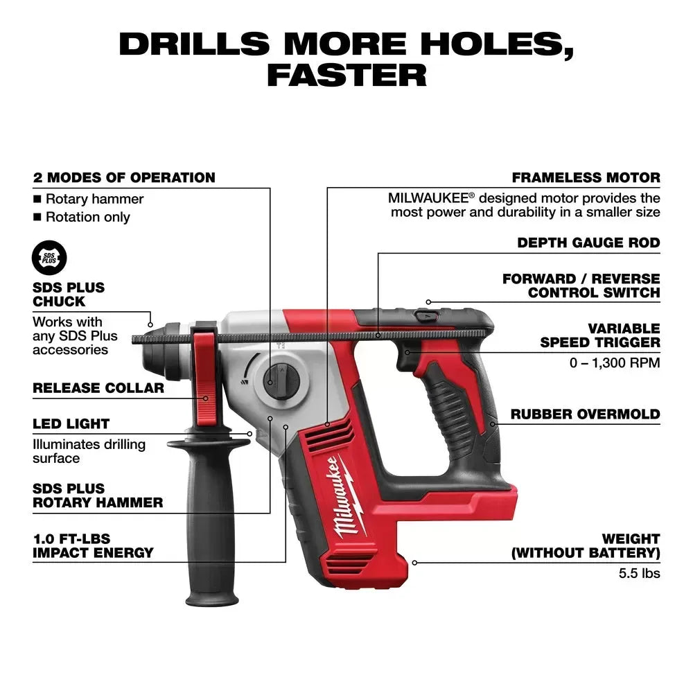 Milwaukee 2612-20 M18 18V 5/8" SDS Plus Rotary Hammer w/ Depth Rod - Bare Tool
