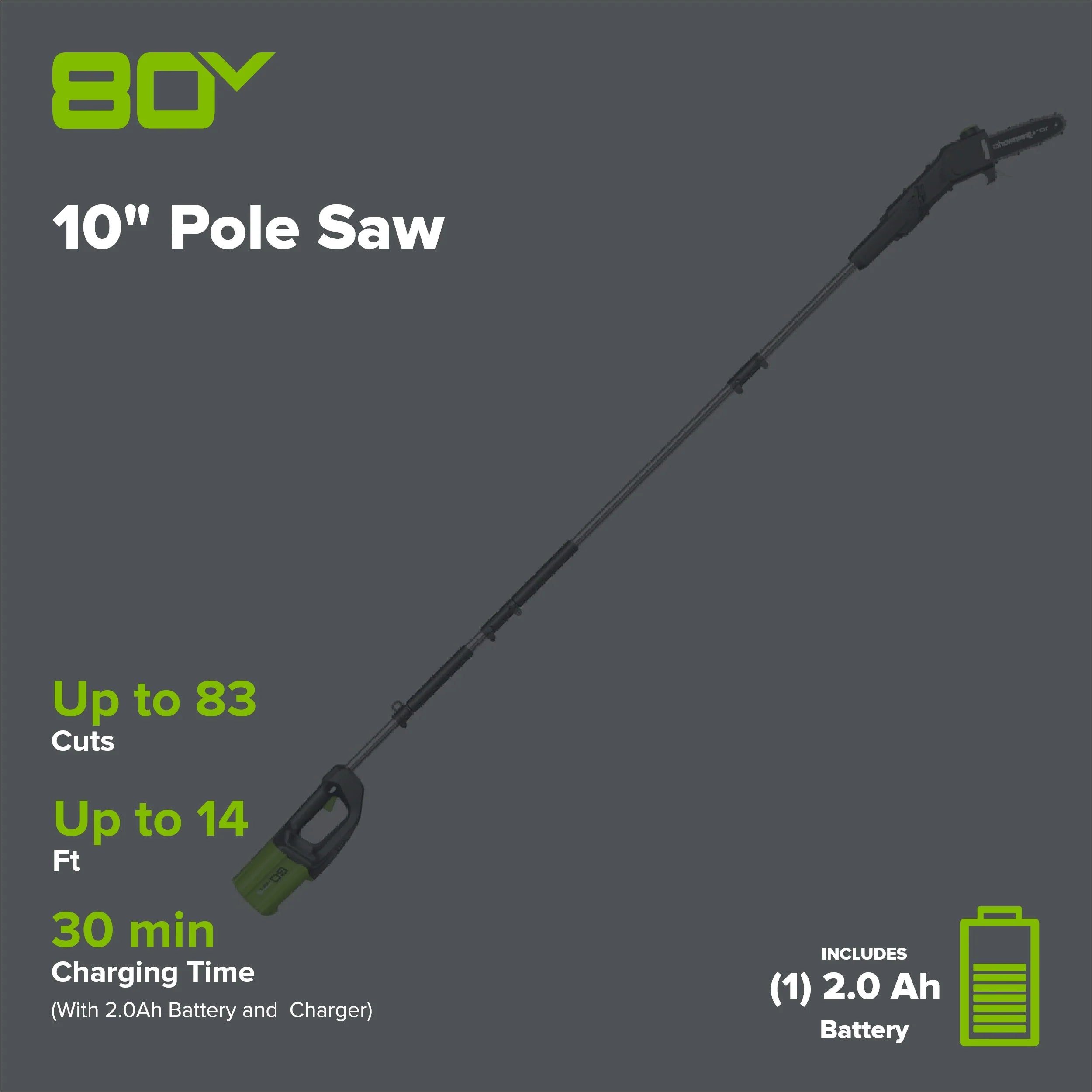 80V Cordless Pole Saw 10-Inch with 14-Foot Reach, 2.0Ah Battery and Charger