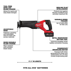 Milwaukee 2821-21F M18 FUEL Sawzall Kit w/M18 Redlithum FORGE XC6.0 Battery Pack