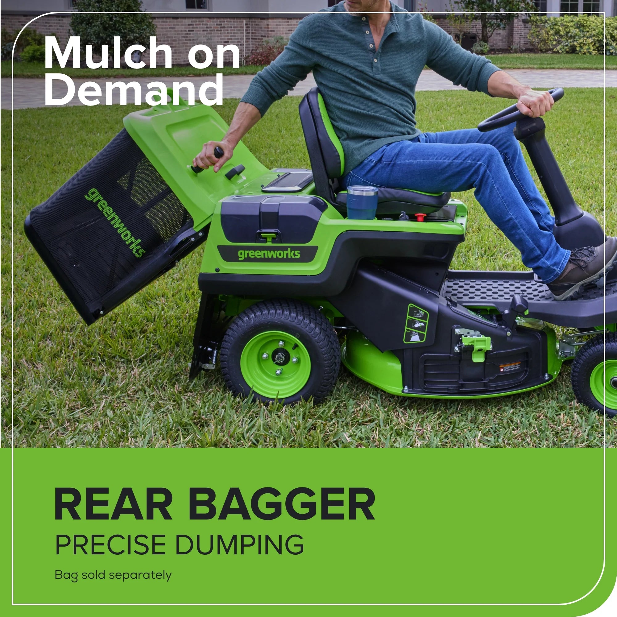 60V Compact Cordless Riding Lawn Mower with Four Batteries and Turbo Charger