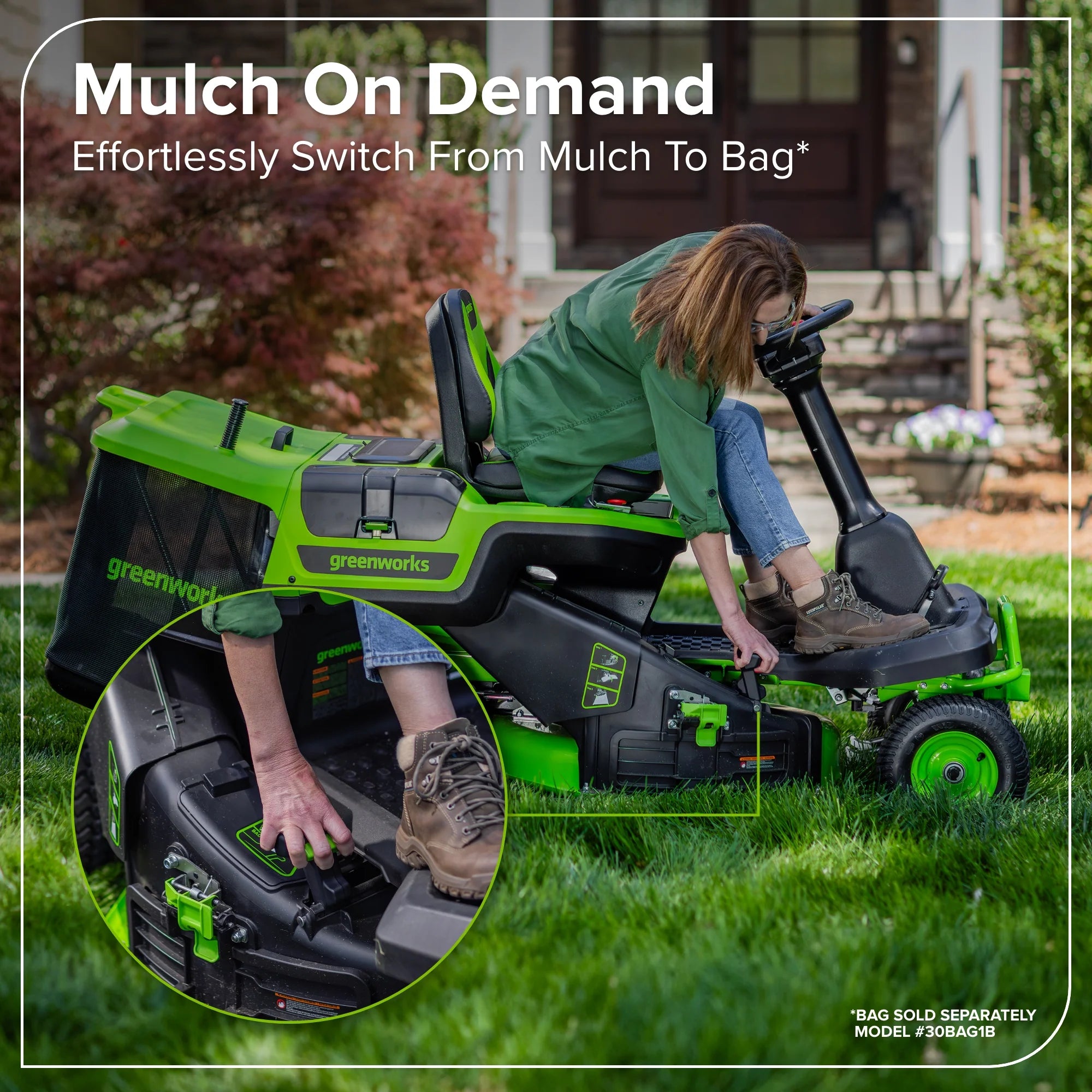 80V Compact Cordless Riding Lawn Mower with Four Batteries and Turbo Wall Charger