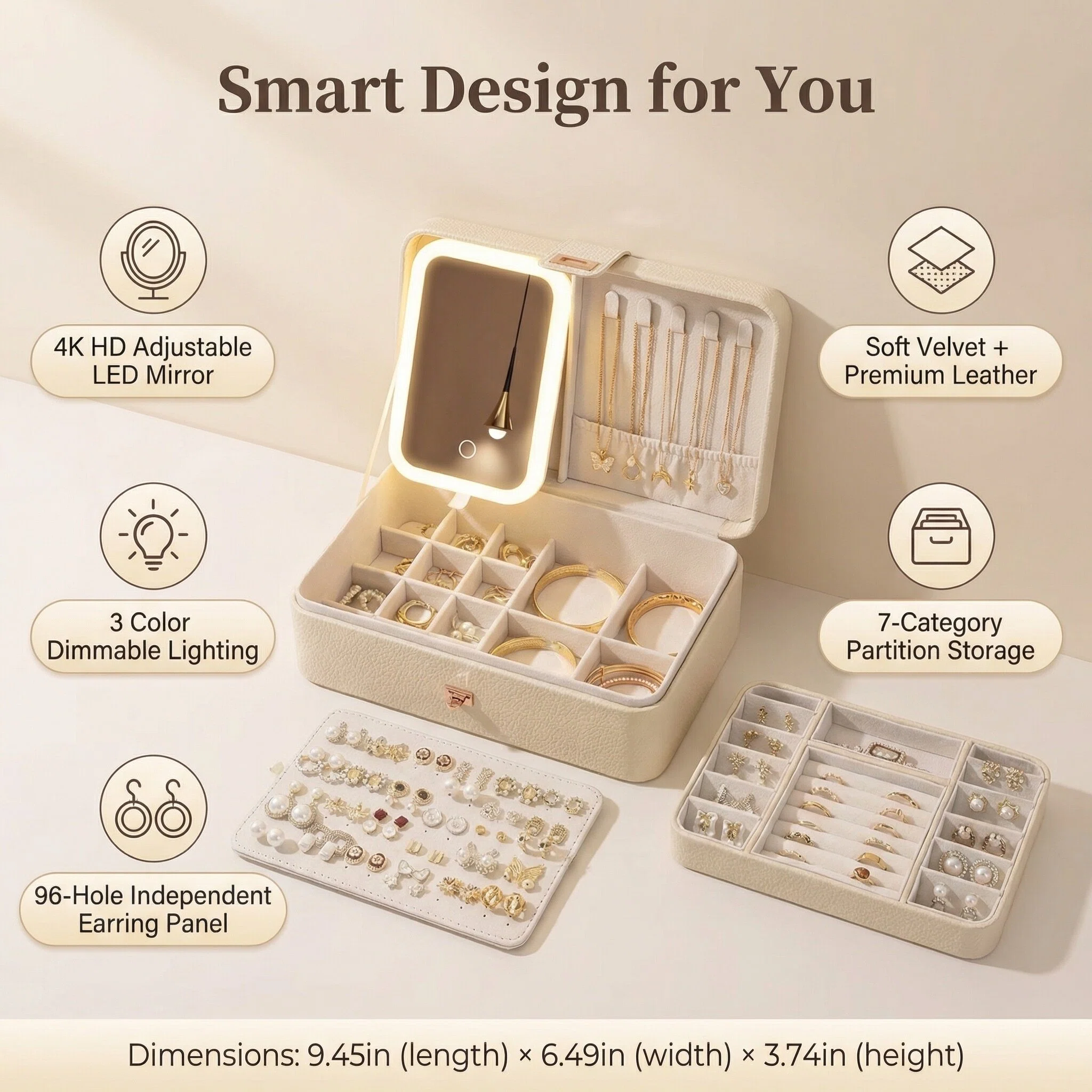 Built-in LED Light Makeup Mirror Jewelry Box