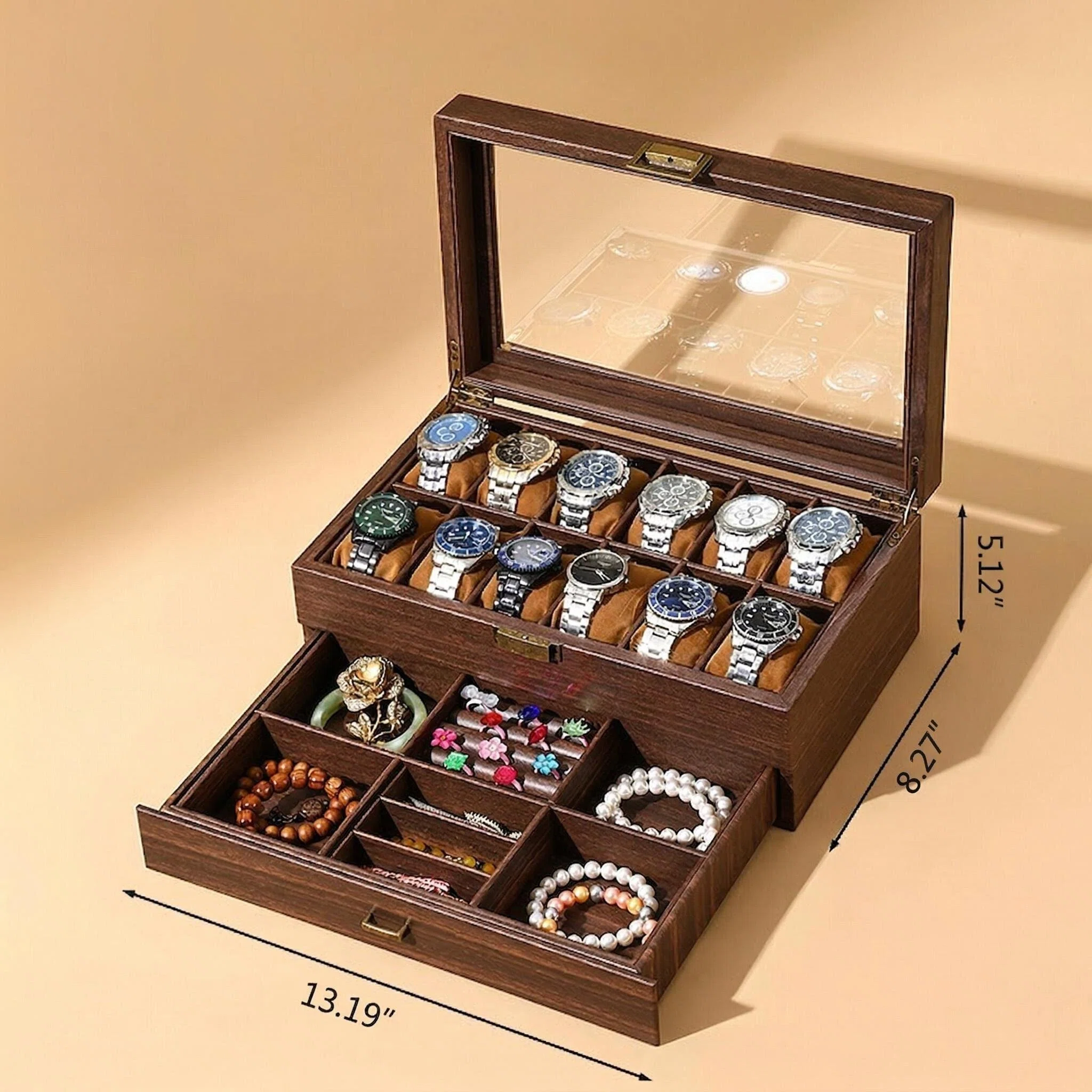 Vintage Wood Grain Black Walnut Leather Watch & Jewelry Box