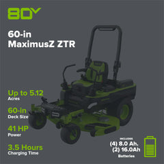 80V Cordless Electric Riding Lawn Mower with 6 Batteries and Wall Charger
