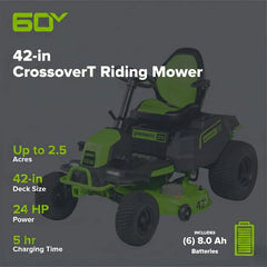 60V Cordless Riding Lawn Mower with Six Batteries and Wall Charger