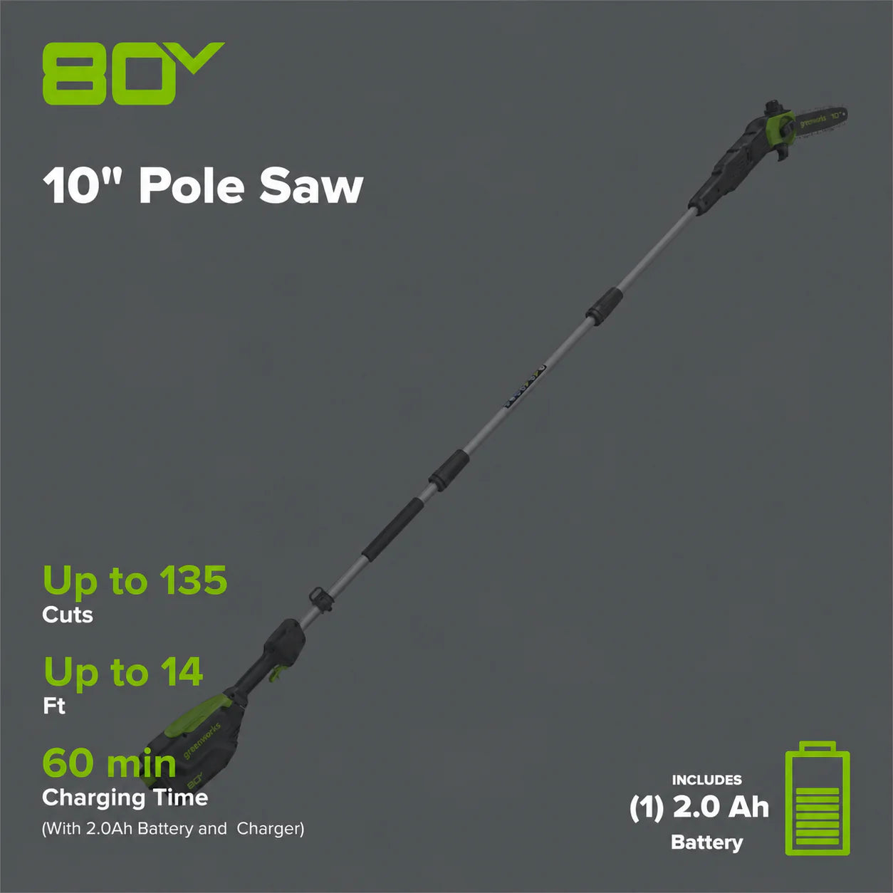 80V Cordless Pole Saw with 14-Foot Reach, 2.0Ah Battery and Charger