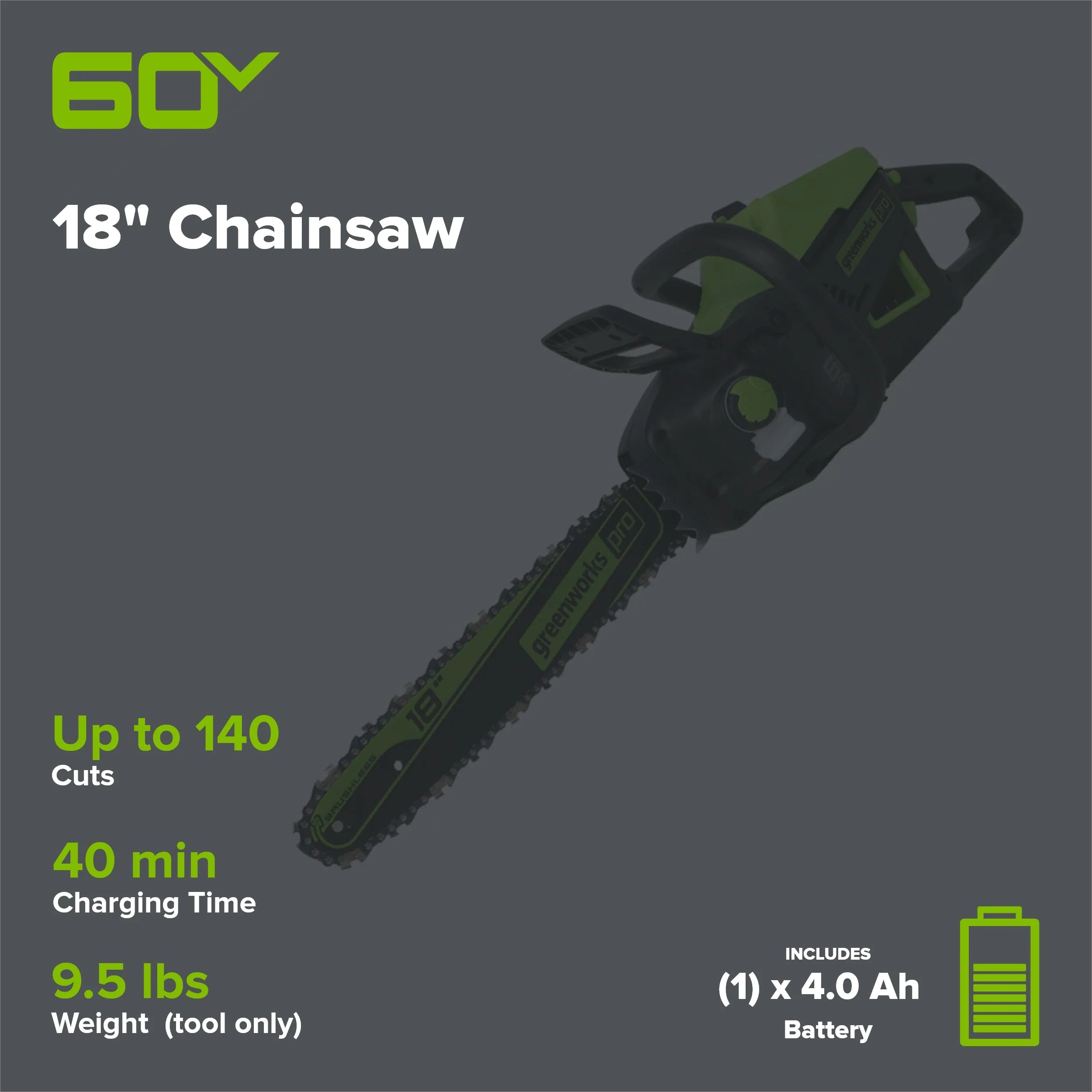 60V Cordless Chainsaw 18-Inch with 4.0Ah Battery and Charger